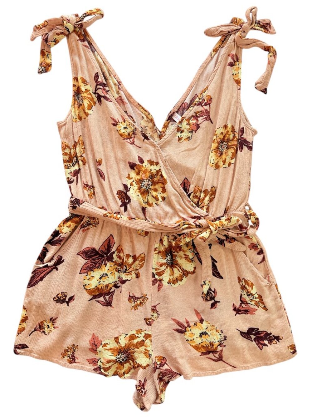 Xhilaration Floral Tie Shoulder Romper Boho V-Neck Surplice Sunsuit Dusty Pink M